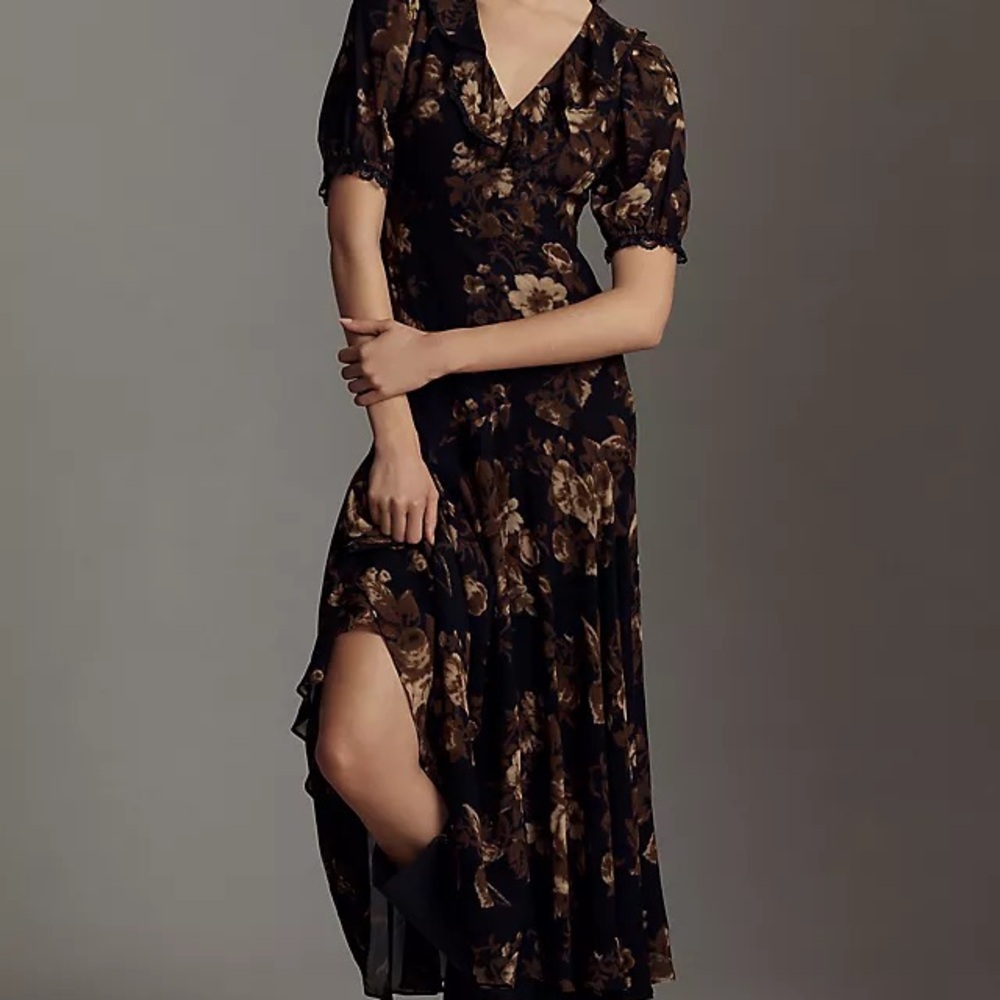 Reformation Evra Black and Brown Floral Dress